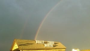 rainbow over the Whale Creek Marina sign on our shed after a storm
